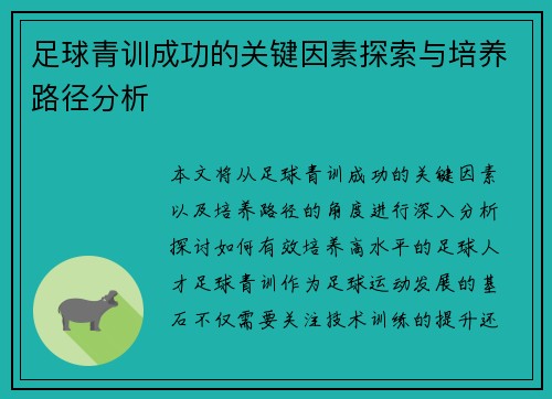 足球青训成功的关键因素探索与培养路径分析 足球青训成功的关键因素探索与培养路径分析