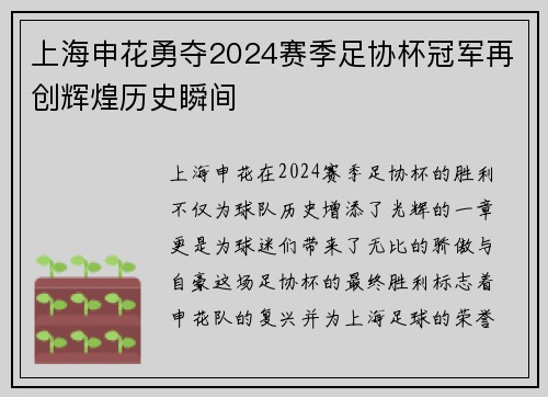 上海申花勇夺2024赛季足协杯冠军再创辉煌历史瞬间 上海申花勇夺2024赛季足协杯冠军再创辉煌历史瞬间