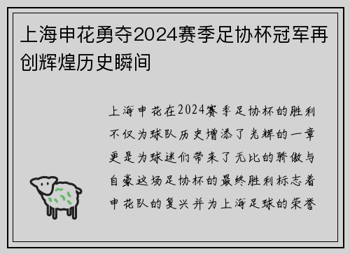 上海申花勇夺2024赛季足协杯冠军再创辉煌历史瞬间